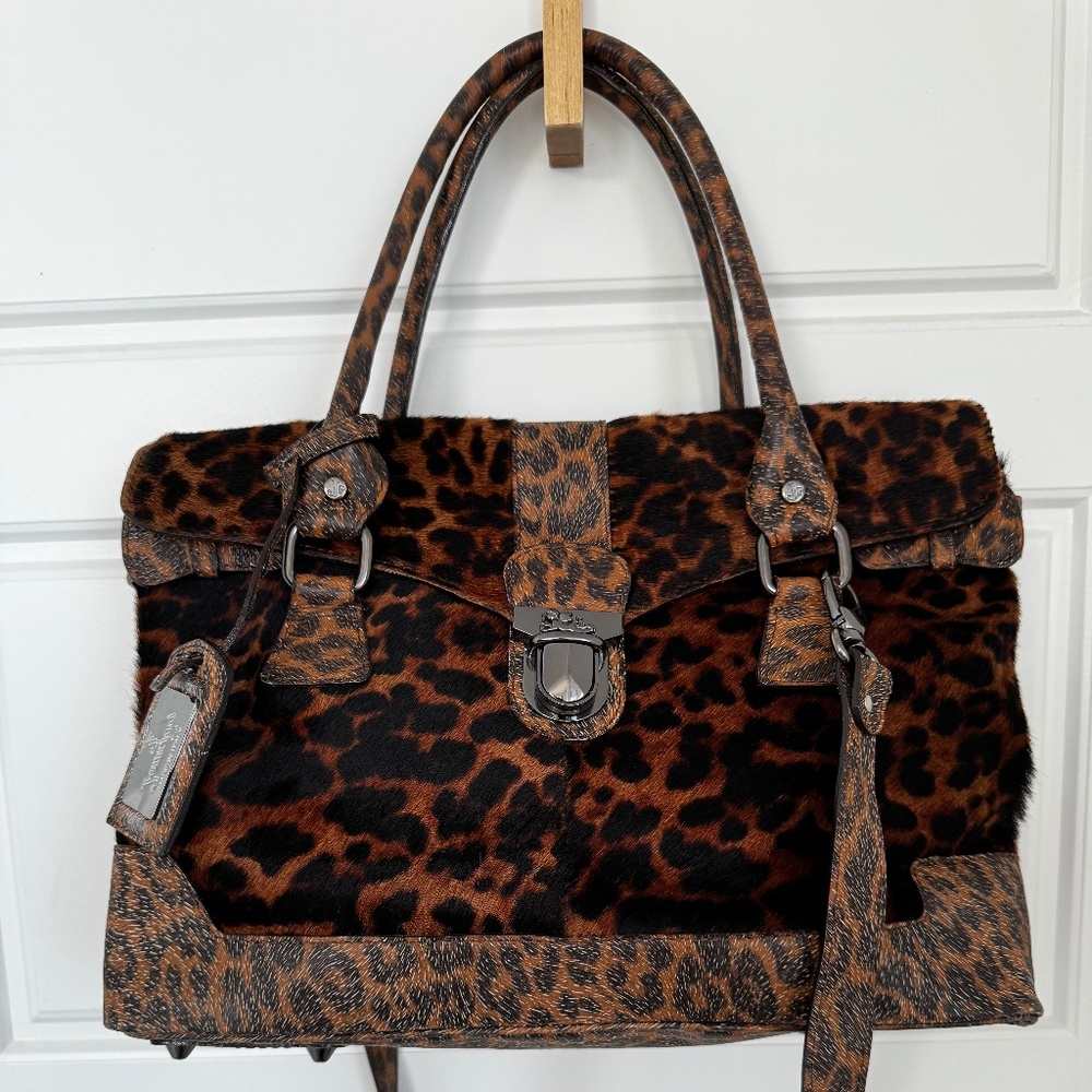 Jenrigo Italian Leather Large Satchel In Leopard Print -Top Handle with Strap